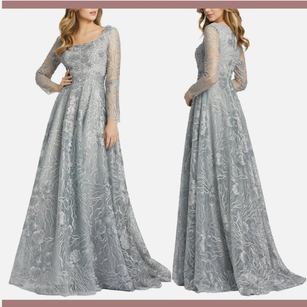 NWT $798 Mac Duggal [ 22 ] Jewel Encrusted Square Neck Ball Gown Dove Grey #Q463
